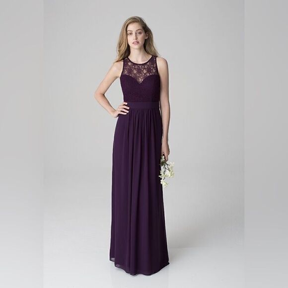 WINE Bill Levkoff Lace Open Back Gown - Picture 1 of 9